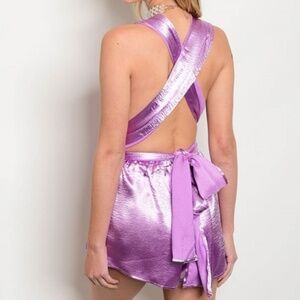 Womens Sexy Lavender Backless Satin Romper Short Tie Around Night Out Party NWT